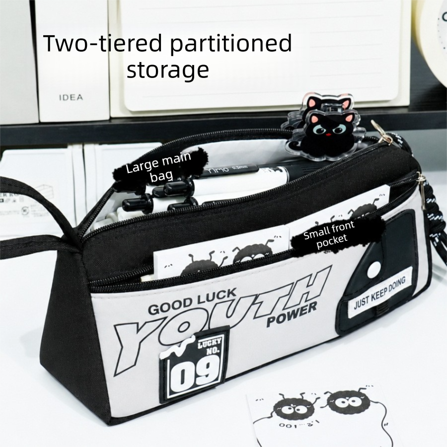 1-Pack Large Capacity Double-Zip Pencil Case (Black and gray color scheme)- Stationery Storage Pouch with Front Pocket, Wrist Strap and 3D Patch, 22 x 6.5 x 10 cm