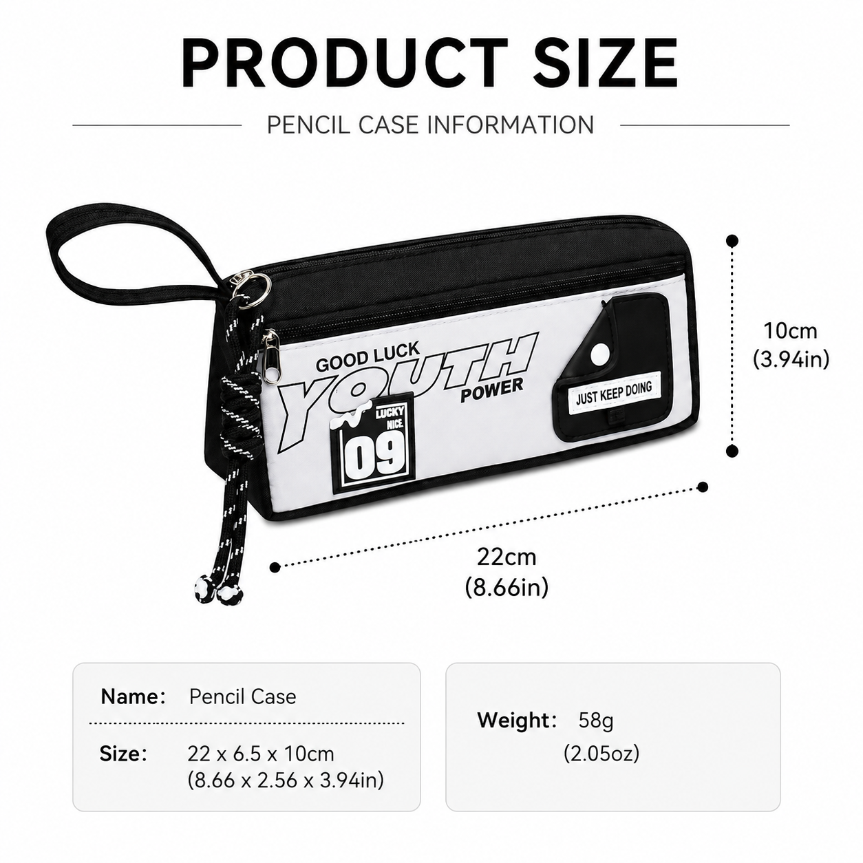 1-Pack Large Capacity Double-Zip Pencil Case (Black and gray color scheme)- Stationery Storage Pouch with Front Pocket, Wrist Strap and 3D Patch, 22 x 6.5 x 10 cm