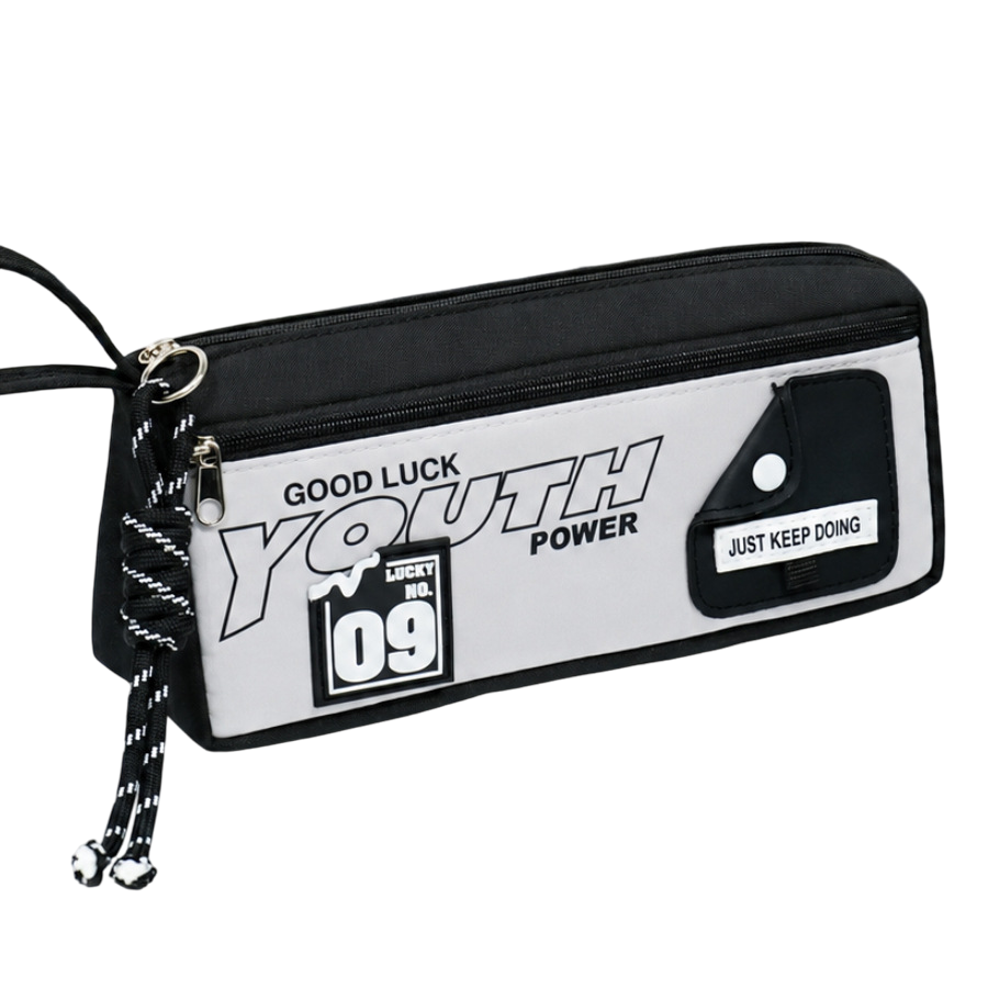 1-Pack Large Capacity Double-Zip Pencil Case (Black and white color blocking)- Stationery Storage Pouch with Front Pocket, Wrist Strap and 3D Patch, 22 x 6.5 x 10 cm