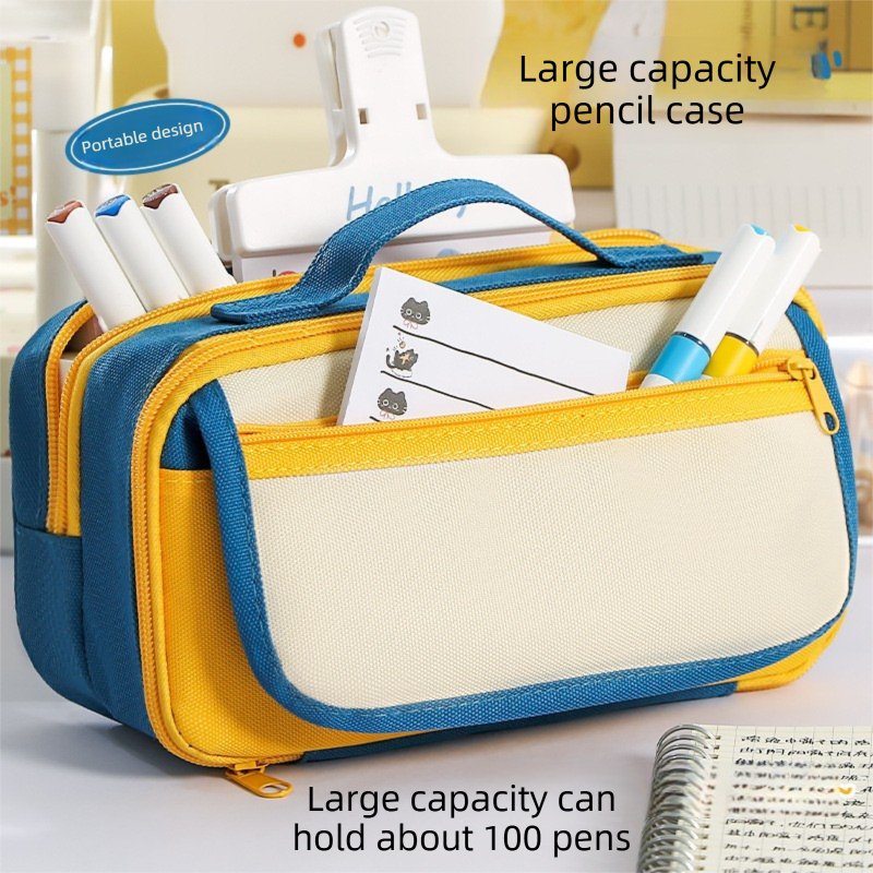 Large Capacity Multi-Layer Pencil Case with Handle - Yellow Contrast Stationery Storage Bag with Multiple Compartments, Magnetic Front Pocket, 21 x 10.5 x 6 cm