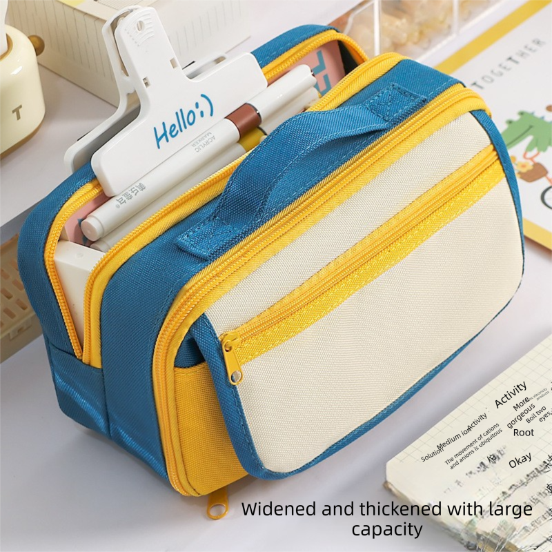 Large Capacity Multi-Layer Pencil Case with Handle - Yellow Contrast Stationery Storage Bag with Multiple Compartments, Magnetic Front Pocket, 21 x 10.5 x 6 cm