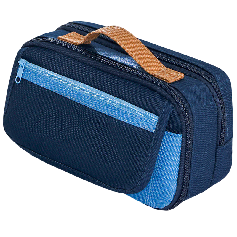 Large Capacity Multi-Layer Pencil Case with Handle - Blue Contrast Stationery Storage Bag with Multiple Compartments, Magnetic Front Pocket, 21 x 10.5 x 6 cm