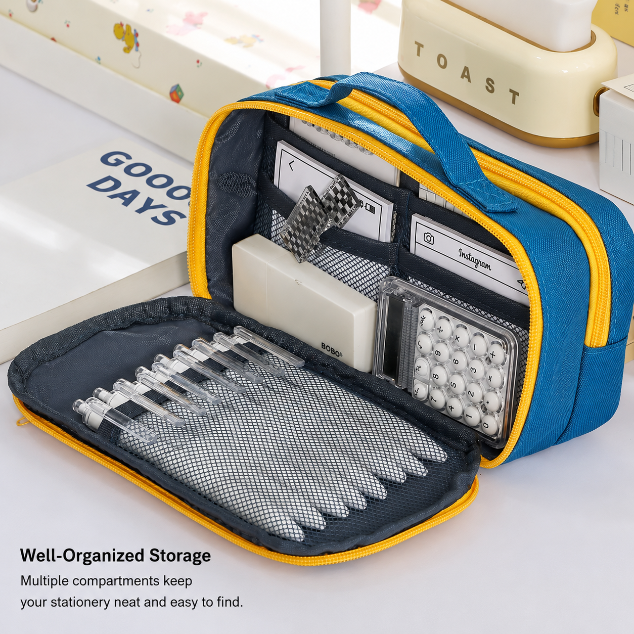 Large Capacity Multi-Layer Pencil Case with Handle - Blue Contrast Stationery Storage Bag with Multiple Compartments, Magnetic Front Pocket, 21 x 10.5 x 6 cm