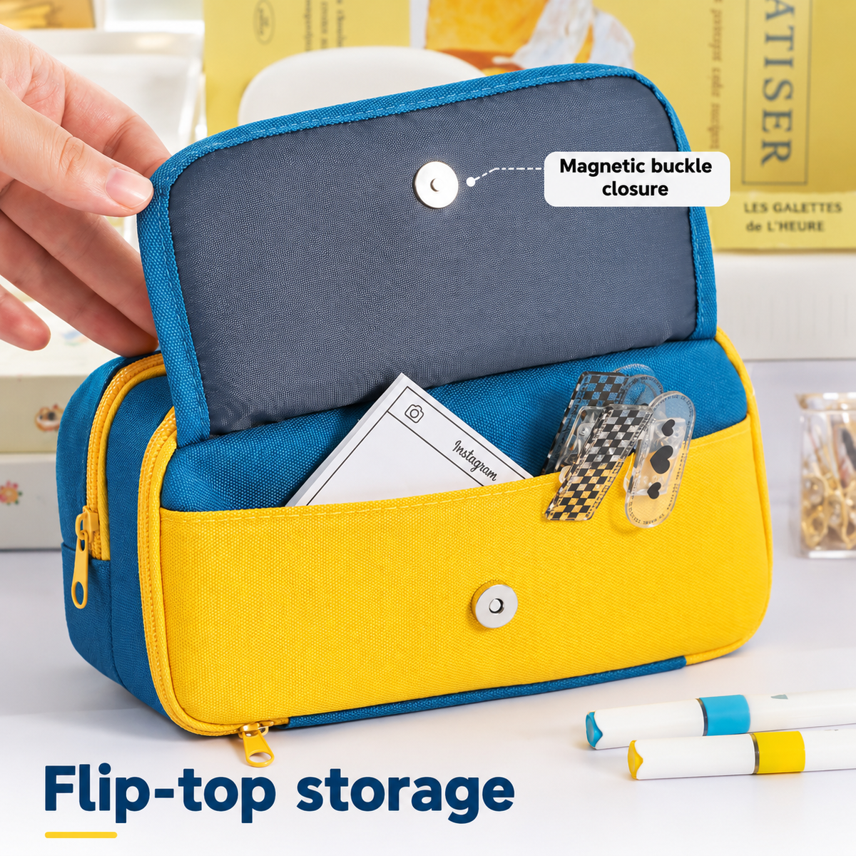 Large Capacity Multi-Layer Pencil Case with Handle - Blue Contrast Stationery Storage Bag with Multiple Compartments, Magnetic Front Pocket, 21 x 10.5 x 6 cm