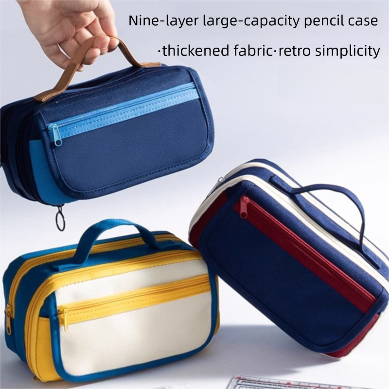 Large Capacity Multi-Layer Pencil Case with Handle - Red Contrast Stationery Storage Bag with Multiple Compartments, Magnetic Front Pocket, 21 x 10.5 x 6 cm
