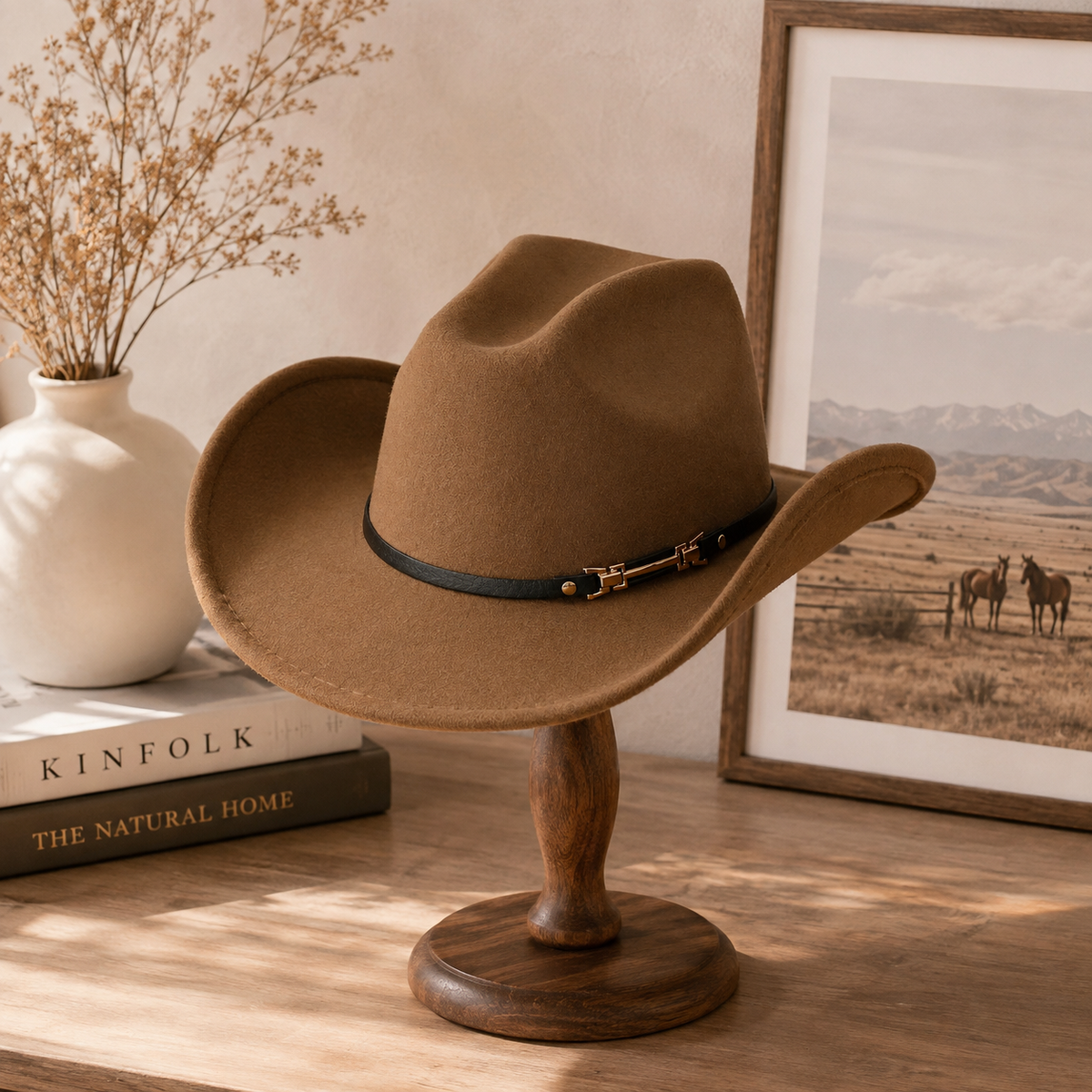 Western Cowboy Hat - Brown Wide Brim Cowboy Hat with Leather-Look Band, Metal Rivet and Square Buckle Detail for Casual, Festival and Western Style