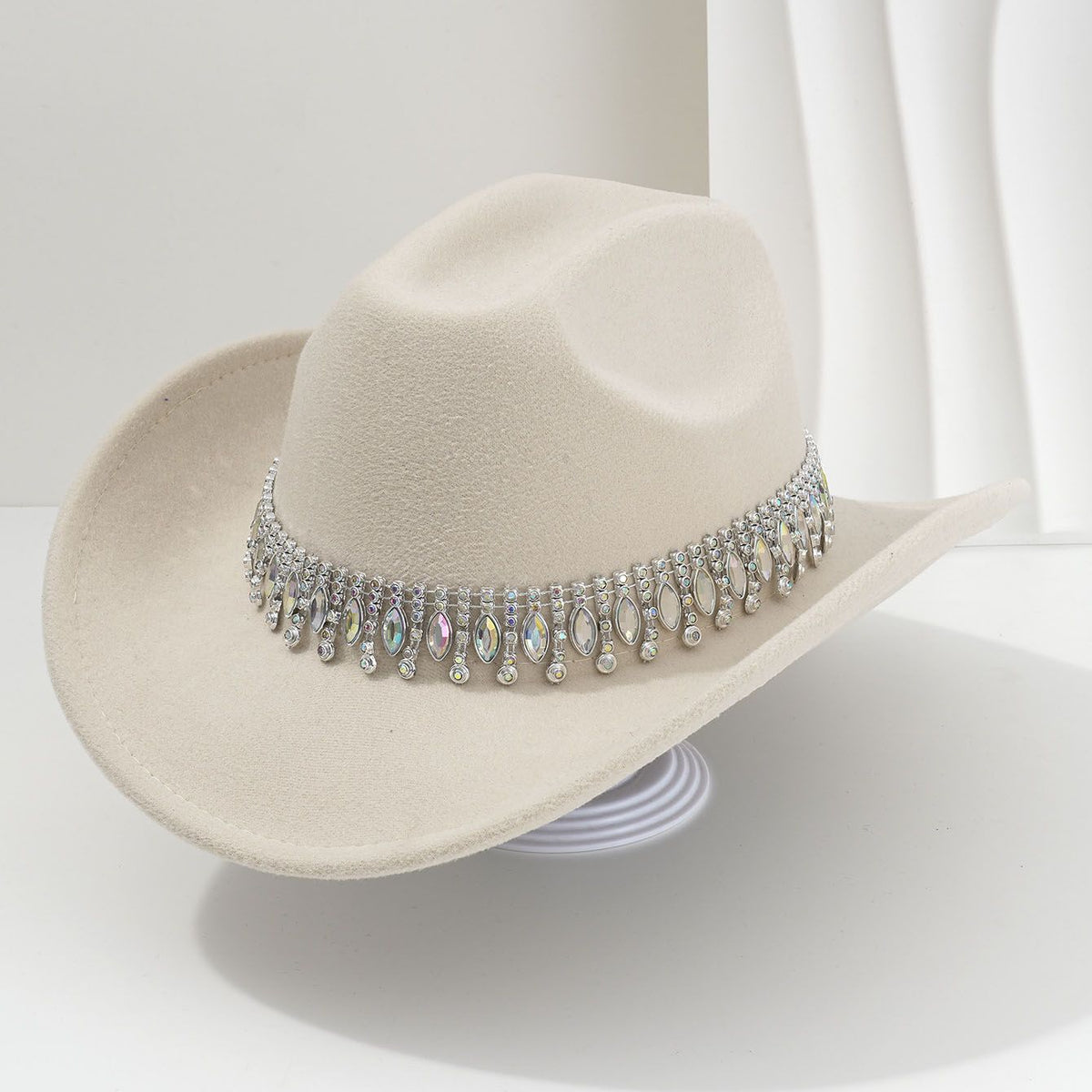 Rhinestone Cowboy Hat - Beige Western Hat with Iridescent Gemstone Fringe Band, Wide Curved Brim for Weddings, Parties, Festivals and Stage Outfits