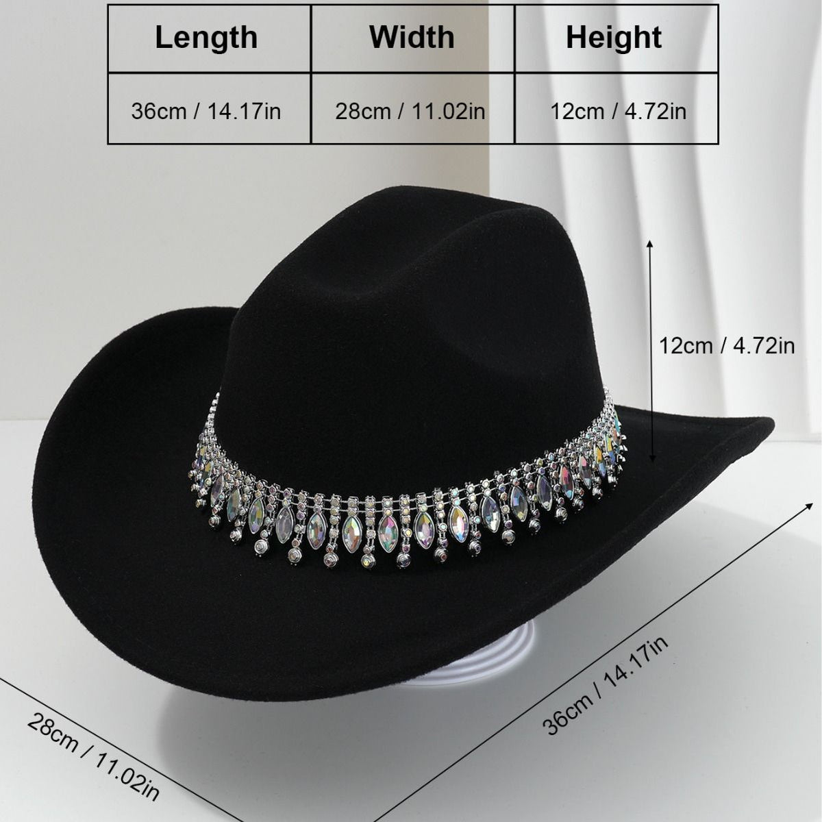 Rhinestone Cowboy Hat - Beige Western Hat with Iridescent Gemstone Fringe Band, Wide Curved Brim for Weddings, Parties, Festivals and Stage Outfits