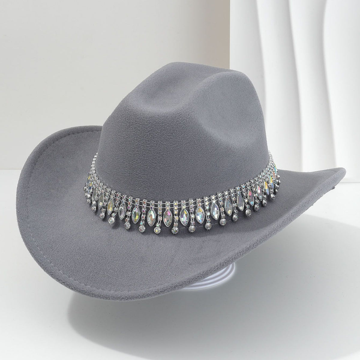 Rhinestone Cowboy Hat - Gray Western Hat with Iridescent Gemstone Fringe Band, Wide Curved Brim for Weddings, Parties, Festivals and Stage Outfits
