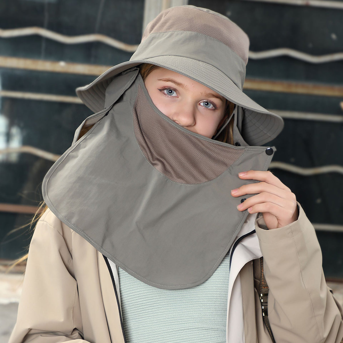 Gray Wide Brim Sun Hat with Detachable Face and Neck Cover - Large Quick Dry Outdoor Hat with Breathable Mesh, Chin Cord for Hiking, Fishing, Cycling and Travel