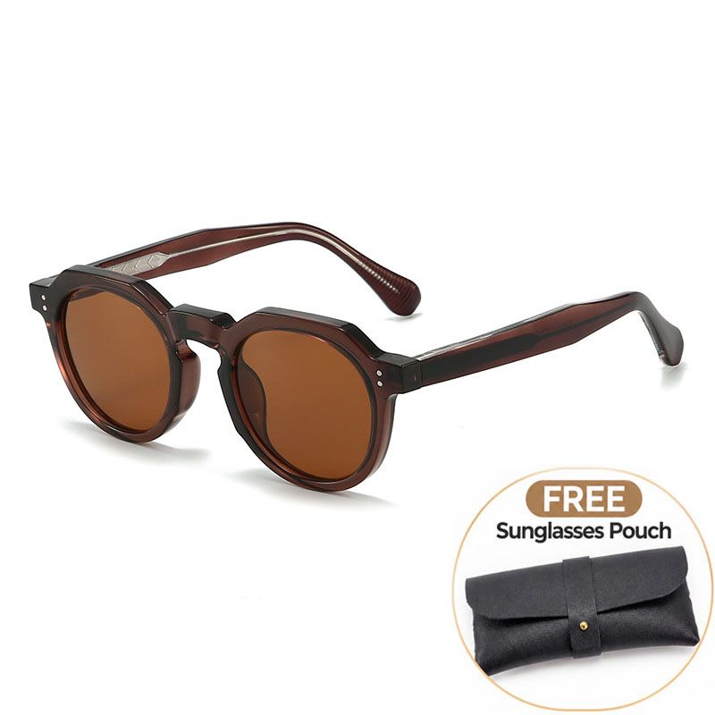 Brown Retro Round Sunglasses with Storage Pouch - Lightweight Fashion Sun Glasses with Dark Tinted Lenses for Driving, Travel and Everyday Outdoor Wear