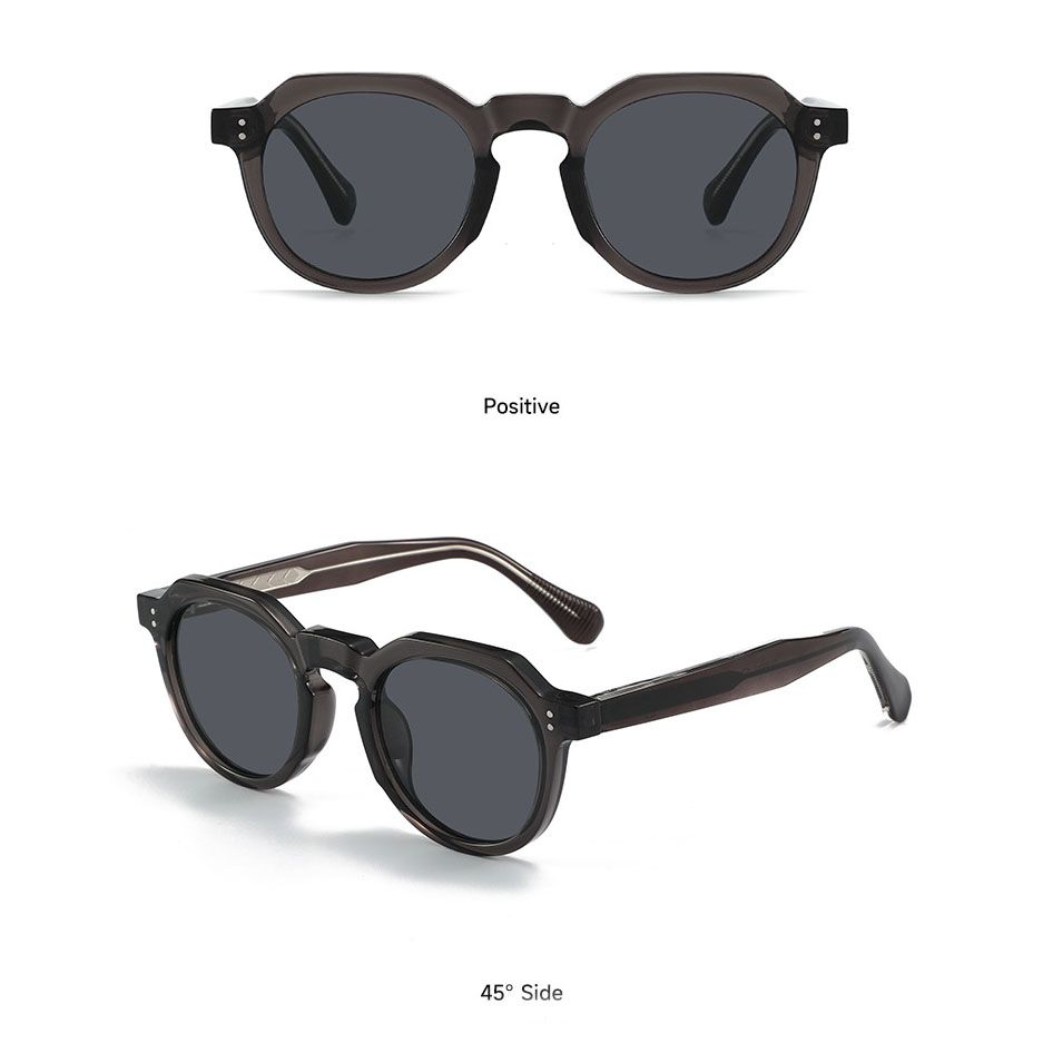 Transparent Gray Retro Round Sunglasses with Storage Pouch - Lightweight Fashion Sun Glasses with Dark Tinted Lenses for Driving, Travel and Everyday Outdoor Wear