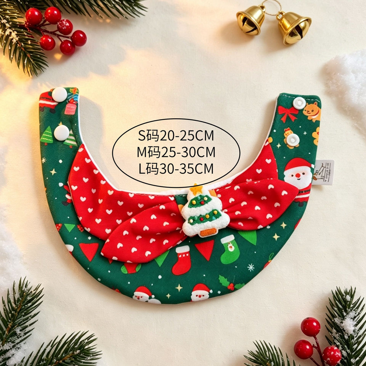 Christmas Pet Hat and Bandana Set (M) - Green Christmas Tree Bow Design with Adjustable Neck Wrap and Elastic Hat Strap for Dogs and Cats, Festive Party Photo Outfit