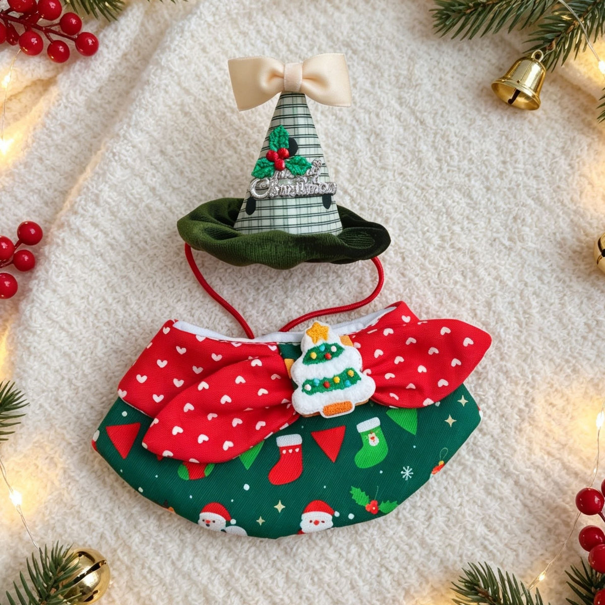 Christmas Pet Hat and Bandana Set (L)- Green Christmas Tree Bow Design with Adjustable Neck Wrap and Elastic Hat Strap for Dogs and Cats, Festive Party Photo Outfit