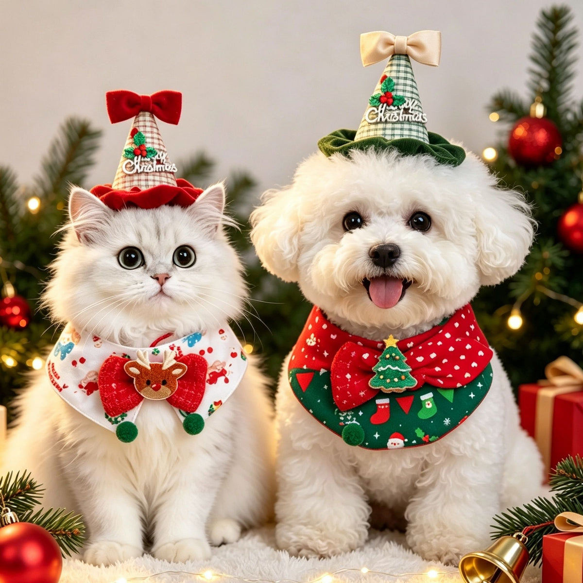 Christmas Pet Hat and Bandana Set (L)- Green Christmas Tree Bow Design with Adjustable Neck Wrap and Elastic Hat Strap for Dogs and Cats, Festive Party Photo Outfit