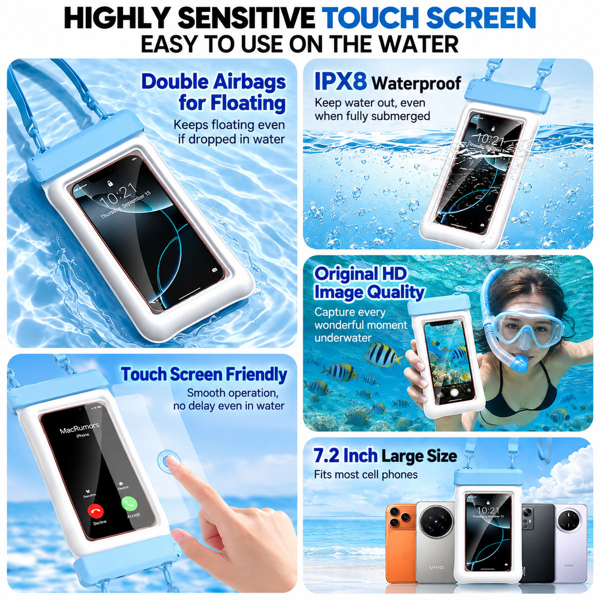 Pink Floating Waterproof Phone Pouch - IPX8 TPU Dry Bag with Dual Airbag Frame, Touchscreen Window and Adjustable Strap for Swimming, Beach and Water Sports