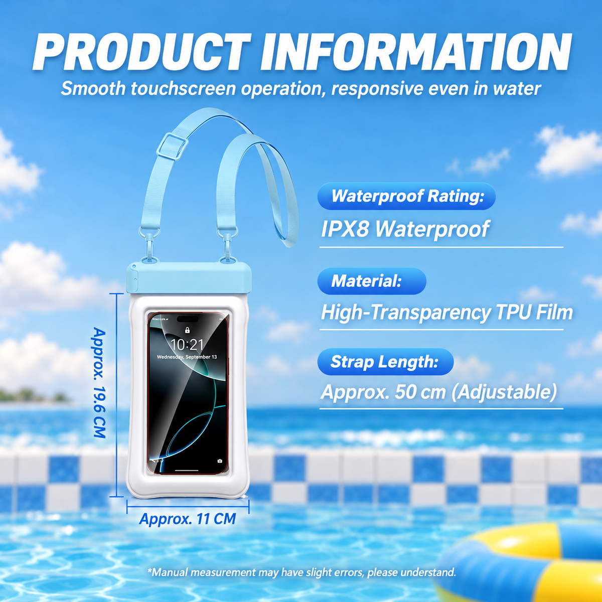 Pink Floating Waterproof Phone Pouch - IPX8 TPU Dry Bag with Dual Airbag Frame, Touchscreen Window and Adjustable Strap for Swimming, Beach and Water Sports