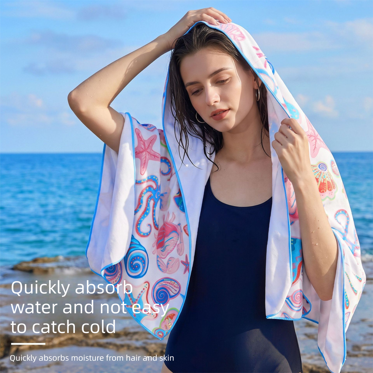 Quick Dry Microfibre Beach Towel (Blue Conch)- 70 x 140 cm Printed Sand Resistant Lightweight Absorbent Travel Towel for Swimming, Pool, Beach, Gym and Holidays