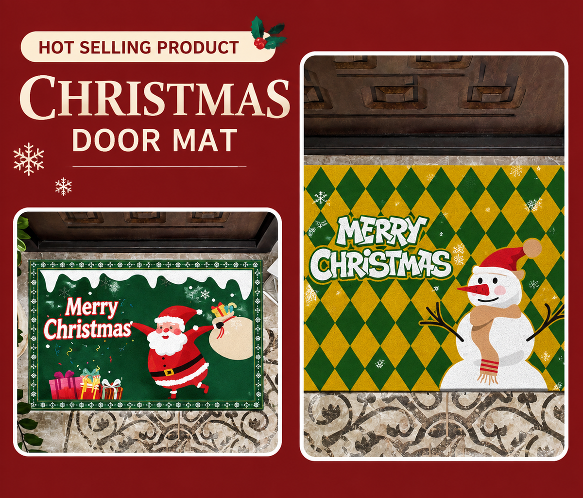 Red Christmas Doormat 2 Pack - 50 x 80 cm Festive Entrance Floor Mats, Soft Velvet Surface, Non Slip Backing for Front Door, Hallway and Holiday Home Decor