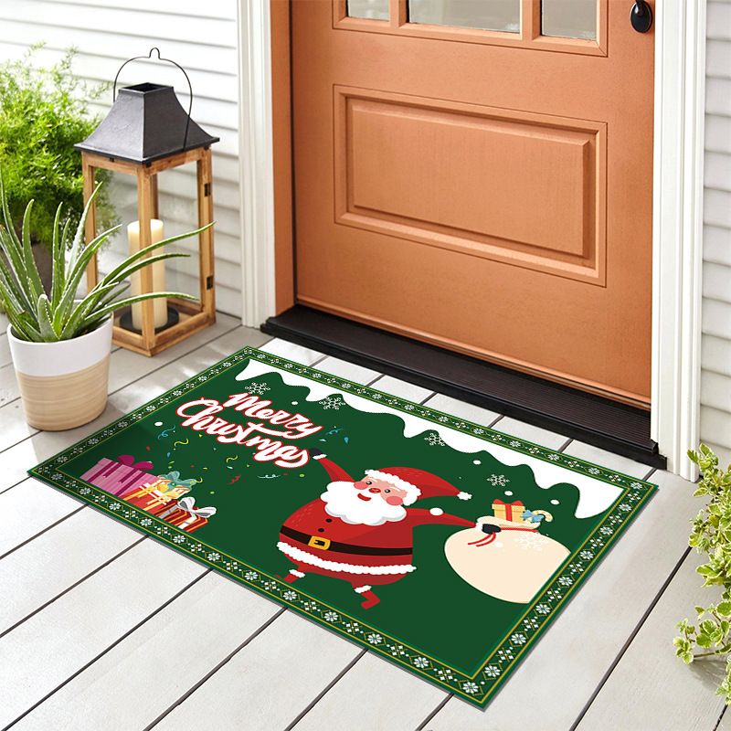 Green Christmas Doormat 2 Pack - 50 x 80 cm Santa Claus Festive Entrance Floor Mats, Non Slip Backing for Front Door, Hallway and Holiday Home Decor