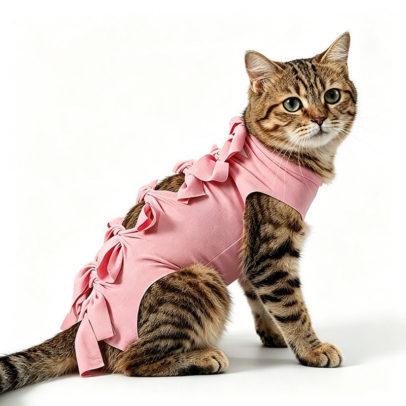 Pink Tie Back Cat Recovery Suit - S Size (Approx. 0.5-1 kg), Modal Stretch Post Surgery Bodysuit, Breathable Anti Lick Abdominal Cover for Cats and Small Dogs