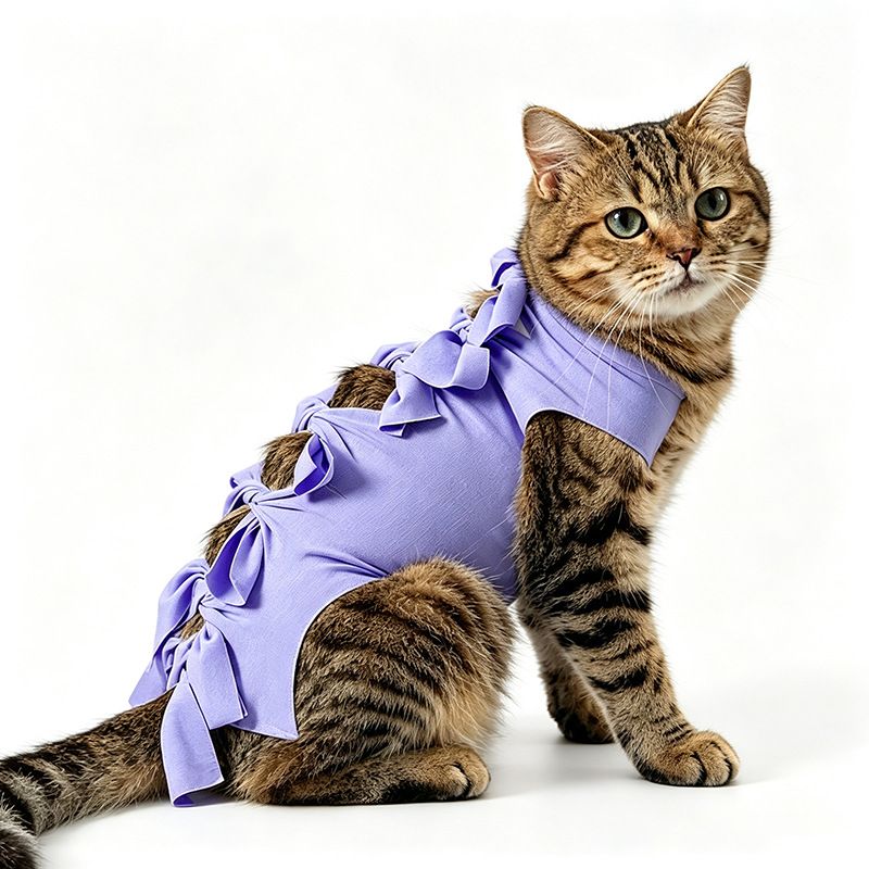 Purple Tie Back Cat Recovery Suit S Size (Approx. 0.5-1 kg) - Modal Stretch Post Surgery Bodysuit, Breathable Anti Lick Abdominal Cover for Cats and Small Dogs