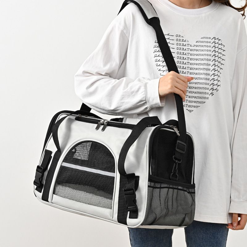 Grey with Black Foldable Pet Carrier Bag - Breathable Mesh Soft Sided Travel Carrier, Handheld and Shoulder Carry Design for Cats and Small Dogs up to Approx. 7.5 kg