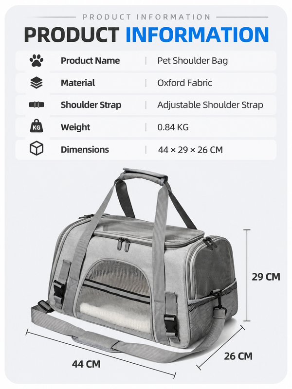 Grey with Black Foldable Pet Carrier Bag - Breathable Mesh Soft Sided Travel Carrier, Handheld and Shoulder Carry Design for Cats and Small Dogs up to Approx. 7.5 kg