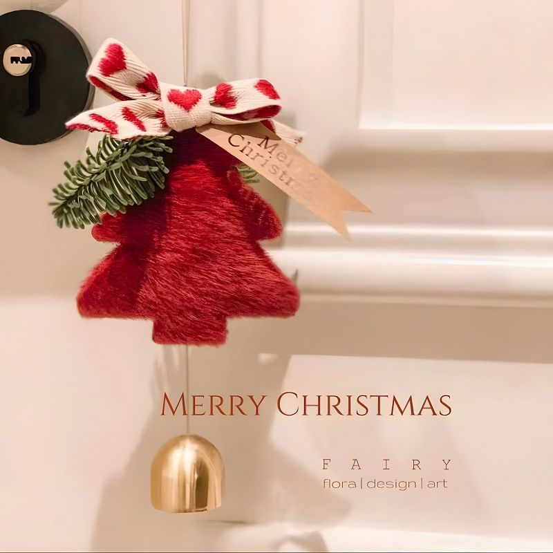 Red Christmas Tree Bell Ornaments 4 Pack - 9 x 7.6 cm Plush Hanging Decorations with Bow, Pine Accent and Bell for Door, Wall, Car and Holiday Decor