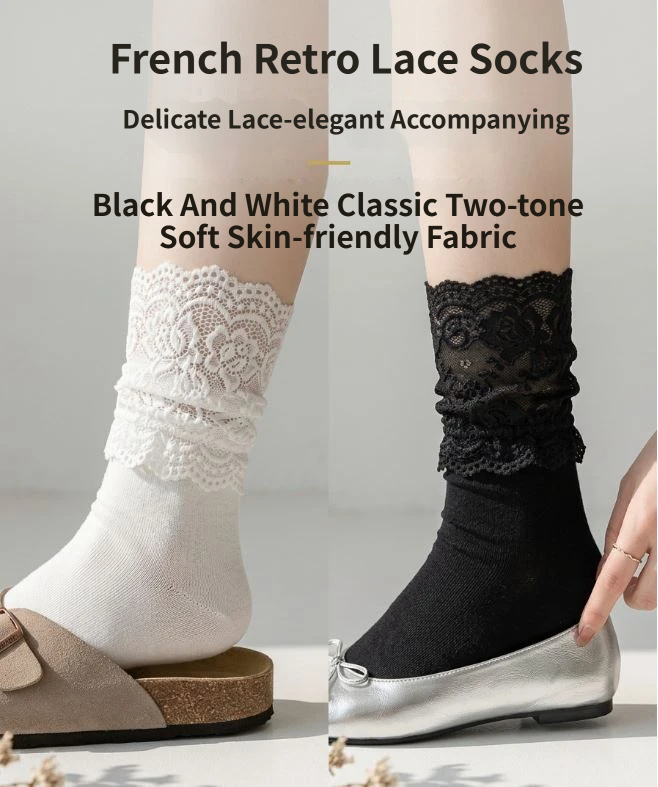 4 Pairs Black French Vintage Lace Trim Ribbed Socks for Women - High Stretch Polyester Crew Stockings, Anti-Slip & Moisture-Wicking, Elegant Sweet Style