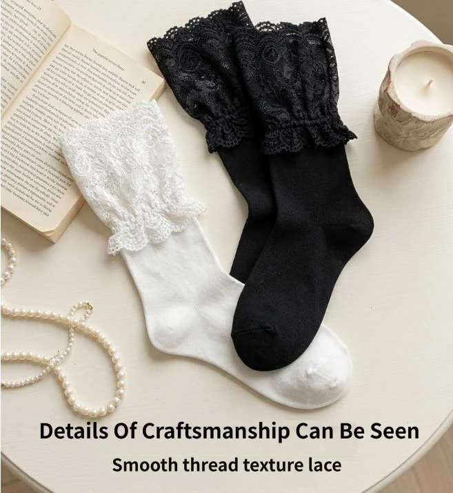 4 Pairs Black French Vintage Lace Trim Ribbed Socks for Women - High Stretch Polyester Crew Stockings, Anti-Slip & Moisture-Wicking, Elegant Sweet Style