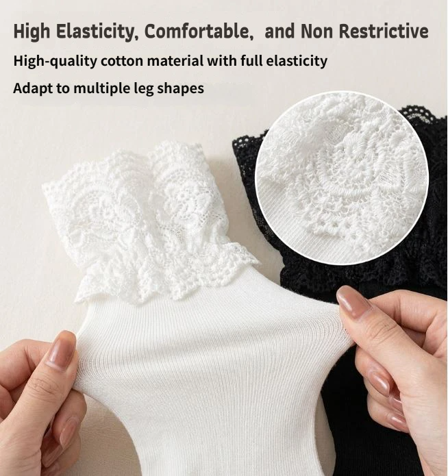 4 Pairs White French Vintage Lace Trim Ribbed Socks for Women - High Stretch Polyester Crew Stockings, Anti-Slip & Moisture-Wicking, Elegant Sweet Style