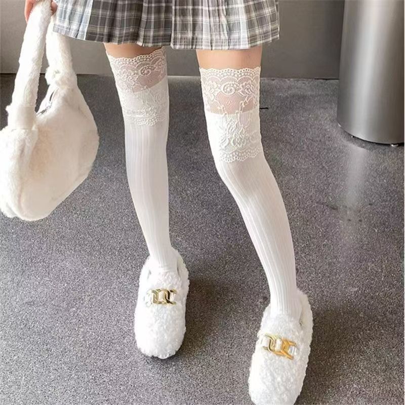 4 Pairs White French Vintage Lace Trim Ribbed Socks for Women - High Stretch Polyester Over-Knee Thigh High Stockings, Anti-Slip & Moisture-Wicking, Elegant Sweet Style