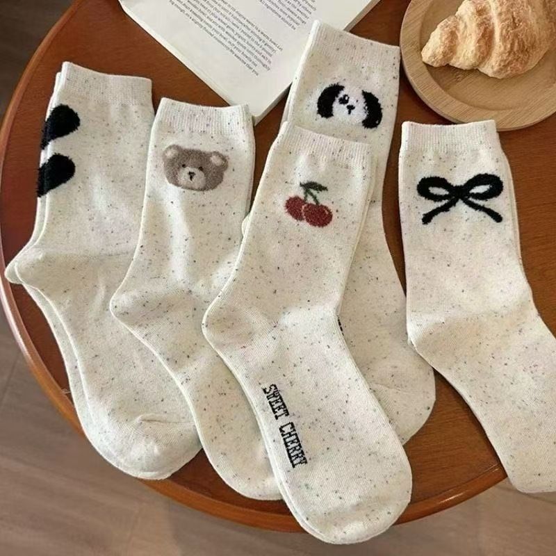 5 Pairs Cute Cartoon Cotton Crew Socks Set for Wome - Colourful Dot Yarn Mid-Calf Socks with Bear Cherry Dog Heart Bow Patterns, Soft Breathable Casual Socks Gift Kit