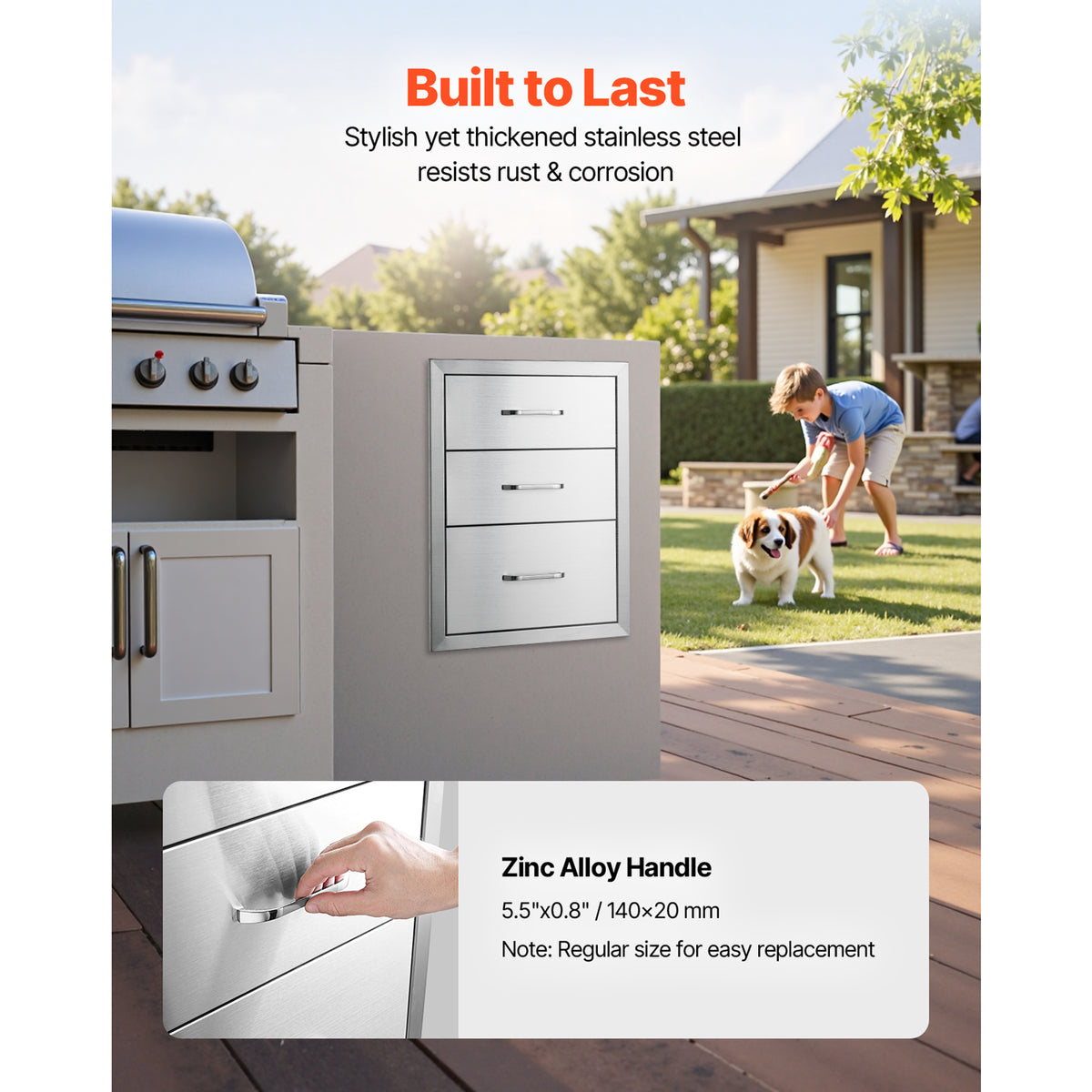 18x23 Inch Outdoor Kitchen Stainless Steel Triple Access BBQ Drawers with Chrome Handle, 18 x23 x 23 Inch