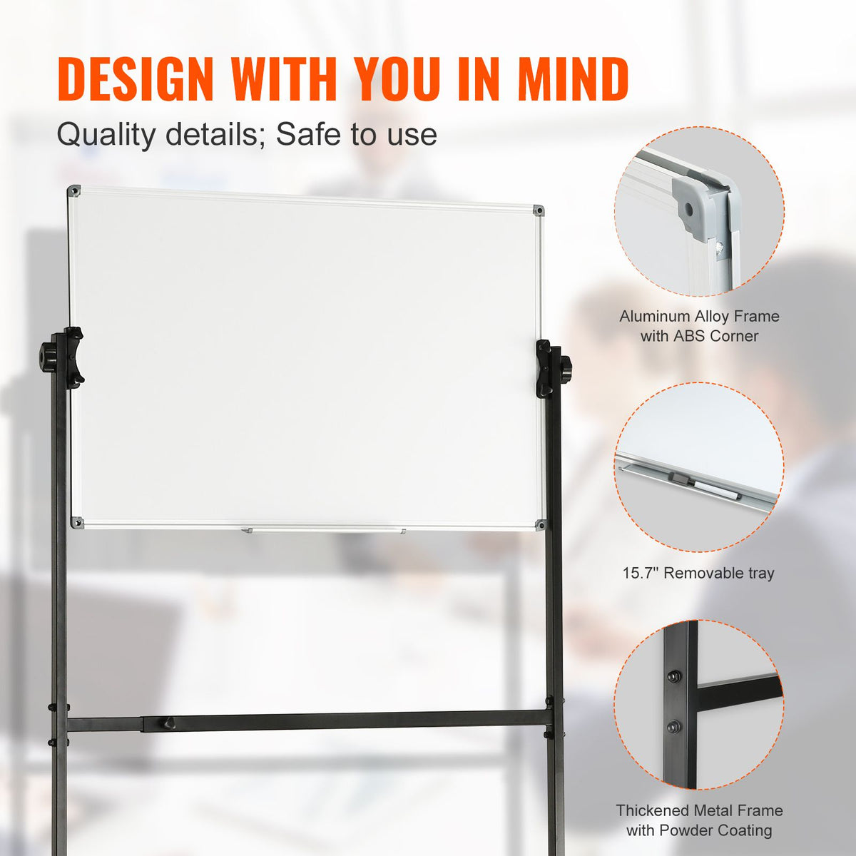 91.5x61cm Rolling Magnetic Whiteboard, Double-sided Mobile Whiteboard, Adjustable Height Dry Erase Board with Wheels, 1 Magnetic Erase & 3 Dry Erase Markers & Movable Tray Office, School