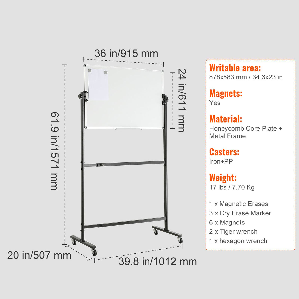 91.5x61cm Rolling Magnetic Whiteboard, Double-sided Mobile Whiteboard, Adjustable Height Dry Erase Board with Wheels, 1 Magnetic Erase & 3 Dry Erase Markers & Movable Tray Office, School