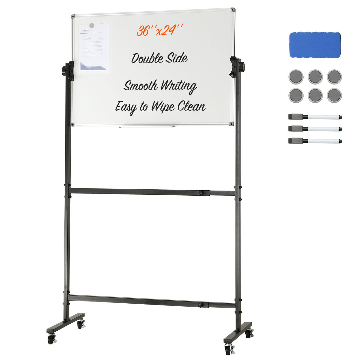 91.5x61cm Rolling Magnetic Whiteboard, Double-sided Mobile Whiteboard, Adjustable Height Dry Erase Board with Wheels, 1 Magnetic Erase & 3 Dry Erase Markers & Movable Tray Office, School