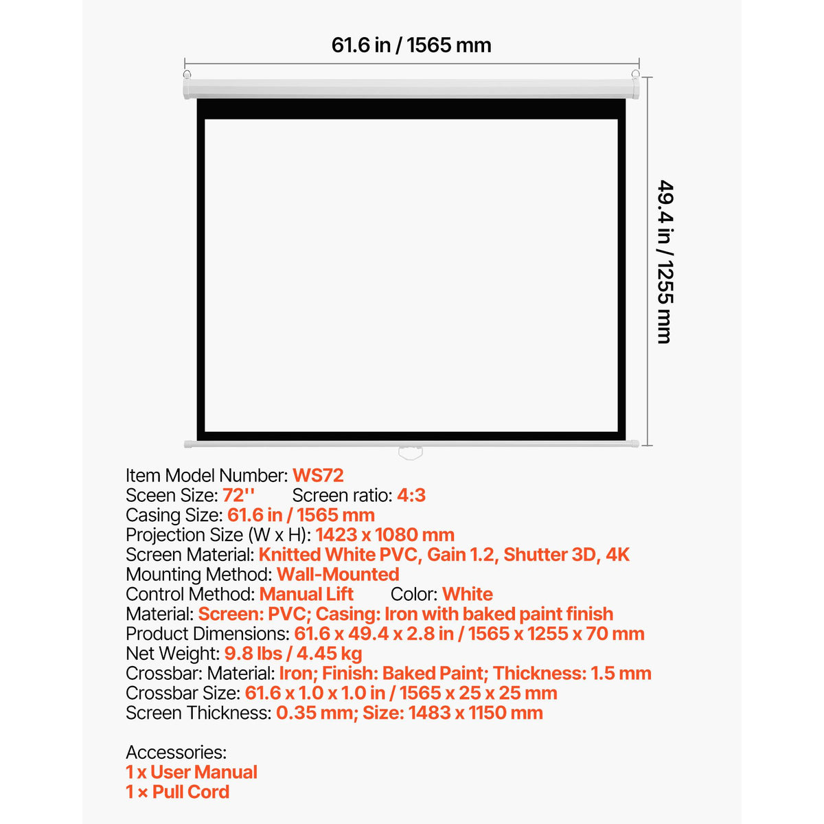 Manual Projector Screen, 1829 mm 4:3 4K 1080 HD Retractable Pull Down Projector Screen, Wall Mounted Movie Projection with Pull Rope, Portable Display Projectoin for Family Home Office Theater