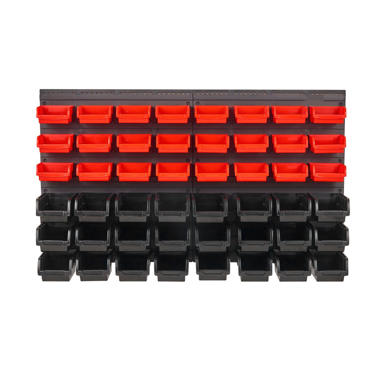 Wall Mounted Storage Bins, 48-Bin Parts Rack Organizer Garage Plastic Shop Tool with Wall Panels, Tool Organizer for Nuts, Bolts, Screws, Nails, Beads, Buttons, Other Small Parts, Black and Red