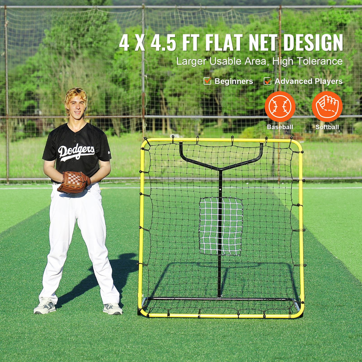 Baseball And Softball Rebounder Net, 4 x 4.5 Feet PitchBack Baseball Nest for Pitching and Fielding Training, Pitch Return Trainer Rebound Net with Pitching Target, 4 Adjustable Angles