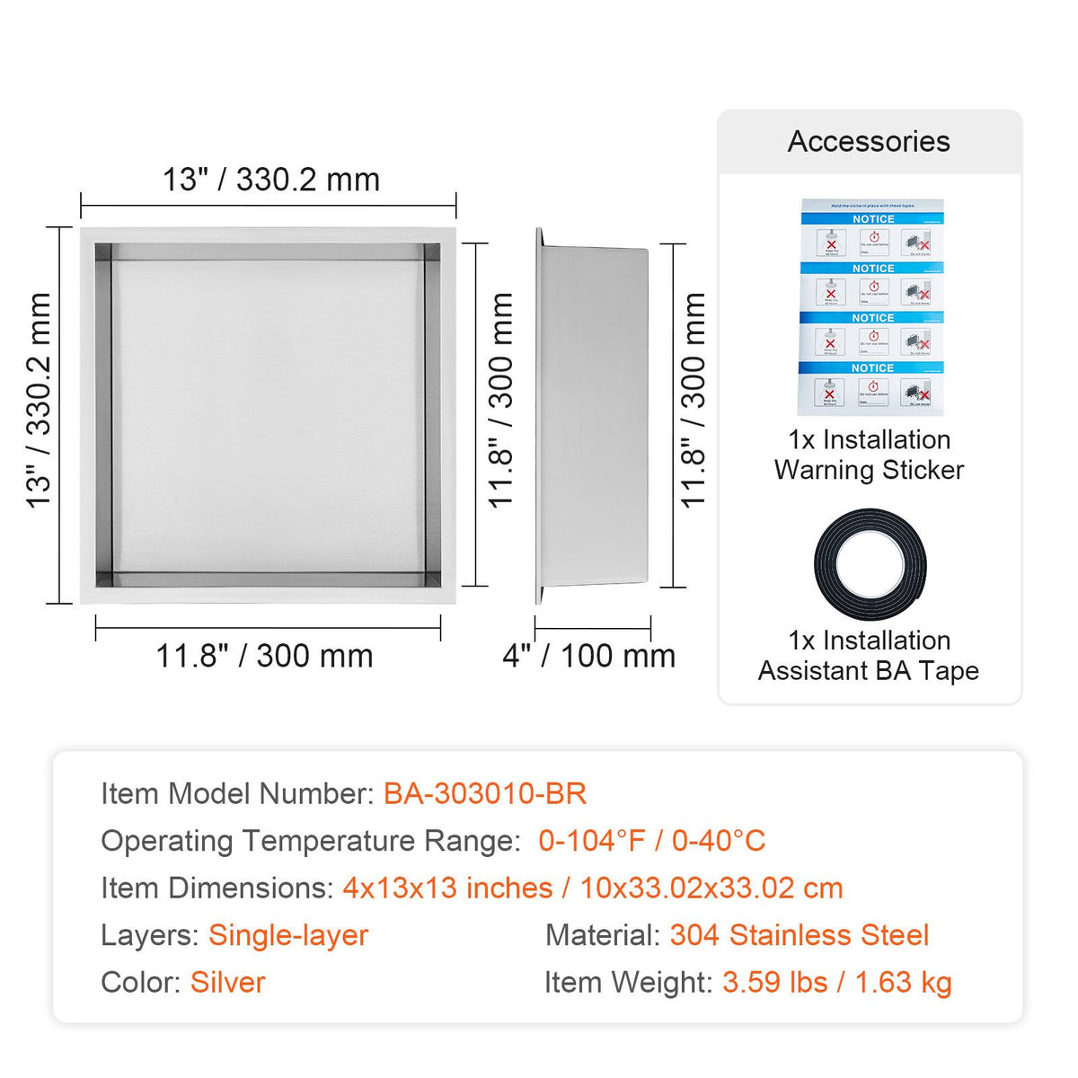 33.02 x 33.02 cm No Tile Shower Niche 304 Stainless Steel, Wall-Inserted Niche Recessed Double Shelves, Sealed Waterproof Rust-Resistant Modern Niche for Shower Bathroom Soap Storage, Silver