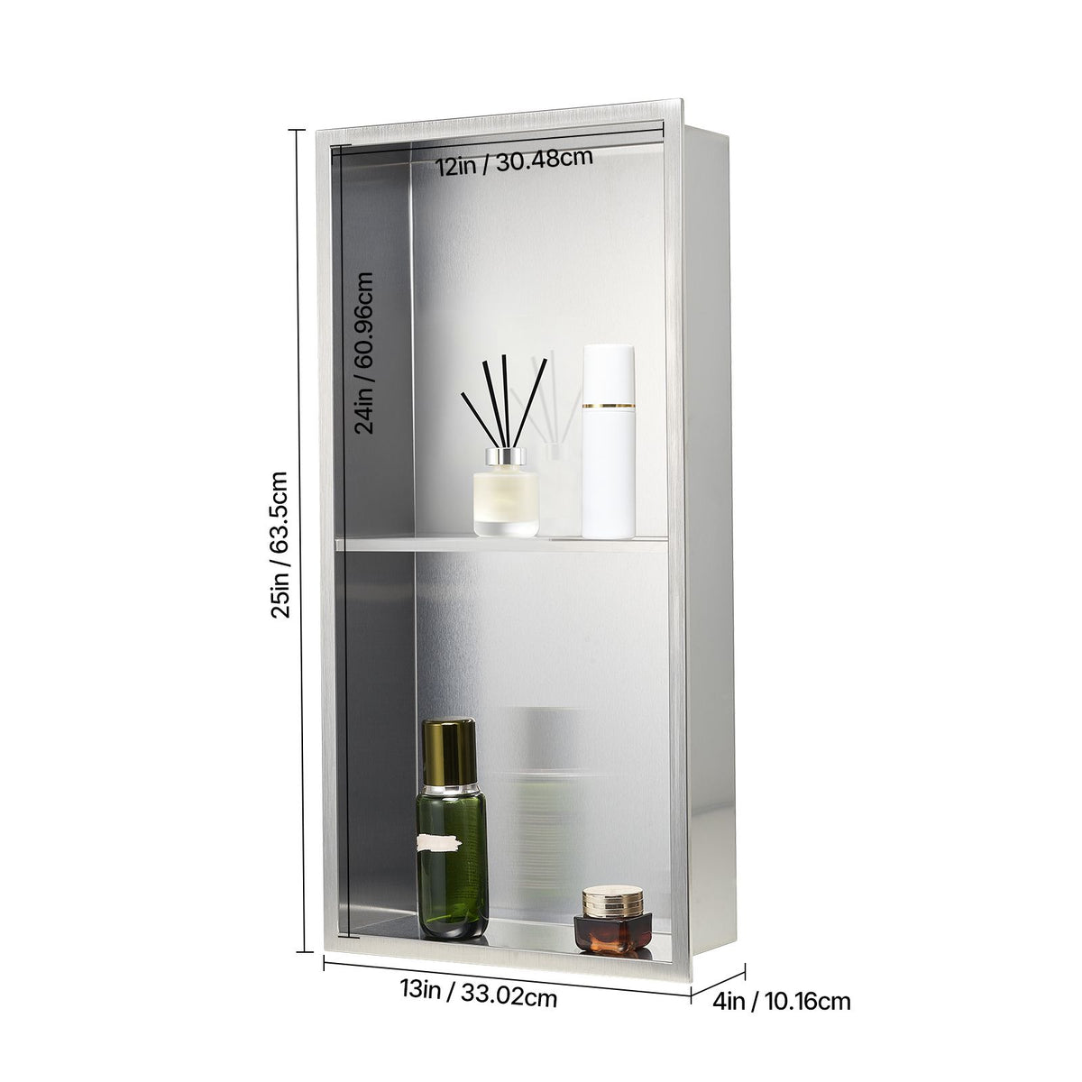 Shower Niche, 33.0 x 63.5 x 10.2 cm Recessed Wall Niche Double-layer, with Hollowed-out Divider, Heavy-duty Stainless Steel Modern Shampoo Storage Organizer, Waterproof, Silver for Bathroom