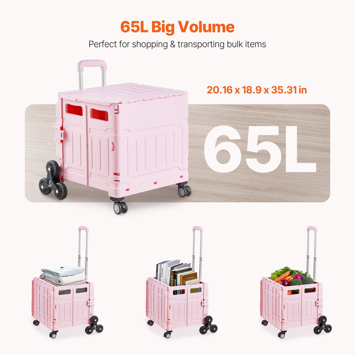 Foldable Utility Cart, 65L Collapsible Portable Crate Rolling Cart with Stair Climbing Wheels & 360° Swivel Wheels, Hand Cart with Telescoping Handle for Shopping Office Moving Teacher, Pink