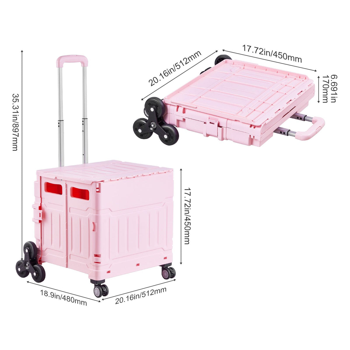 Foldable Utility Cart, 65L Collapsible Portable Crate Rolling Cart with Stair Climbing Wheels & 360° Swivel Wheels, Hand Cart with Telescoping Handle for Shopping Office Moving Teacher, Pink