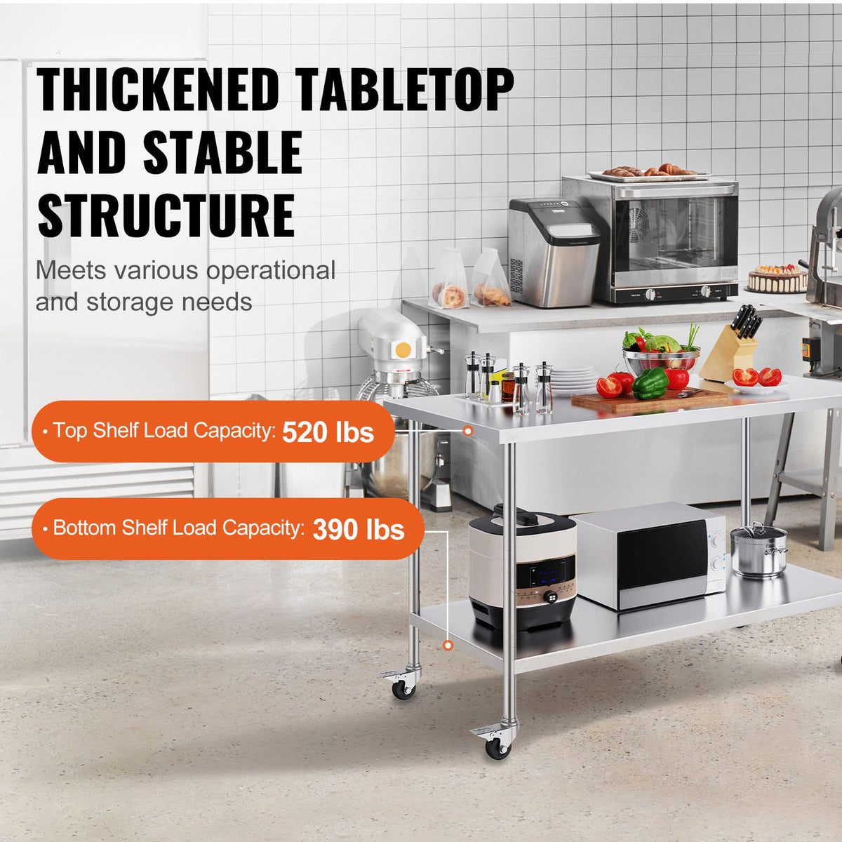Stainless Steel Work Table 30 x 60 x 38 Inch, with 4 Wheels, 3 Adjustable Height Levels, Heavy Duty Food Prep Worktable for Commercial Kitchen Restaurant, Silver