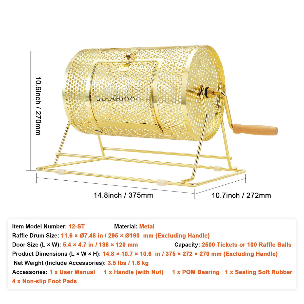 Raffle Drum, 11.6 x Ø7.48 inch Brass Plated Raffle Ticket Spinning Cage, Holds 2500 Tickets or 100 Ping Pong Balls, Metal Lottery Spinning Drawing with Wooden Turning Handle, for Bingo Ballot Pa