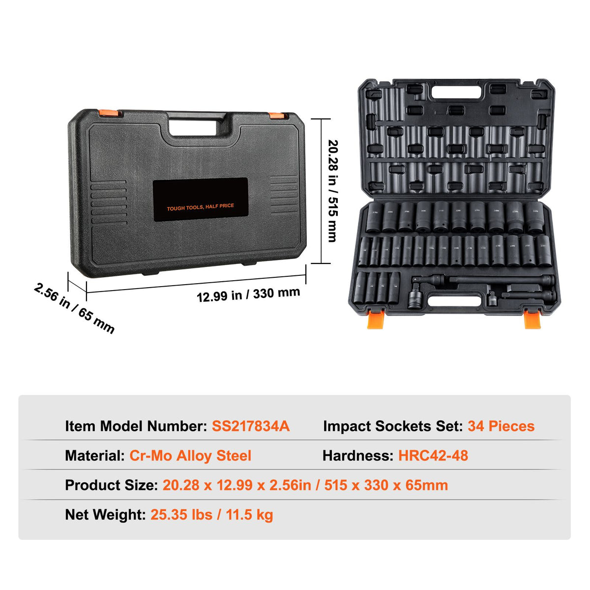 1/2" Drive Deep Impact Socket Set, 34pcs Socket Set Metric （8-36mm） 6 Point Cr-MO Alloy Steel for Auto Repair, Rugged Construction, Includes Heavy Duty Storage Case