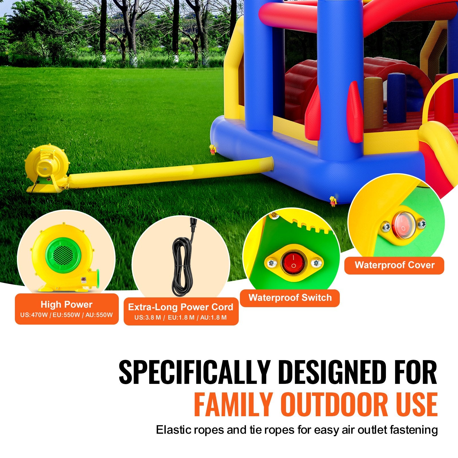 VEVOR Inflatable Bounce House, Outdoor High Quality Playhouse Trampoline, Jumping Bouncer with Blower, Slide, and Storage Bag, Family Backyard Bouncy Castle, for Kid Ages 3_8 Years, 4.0x2.4x2.4m