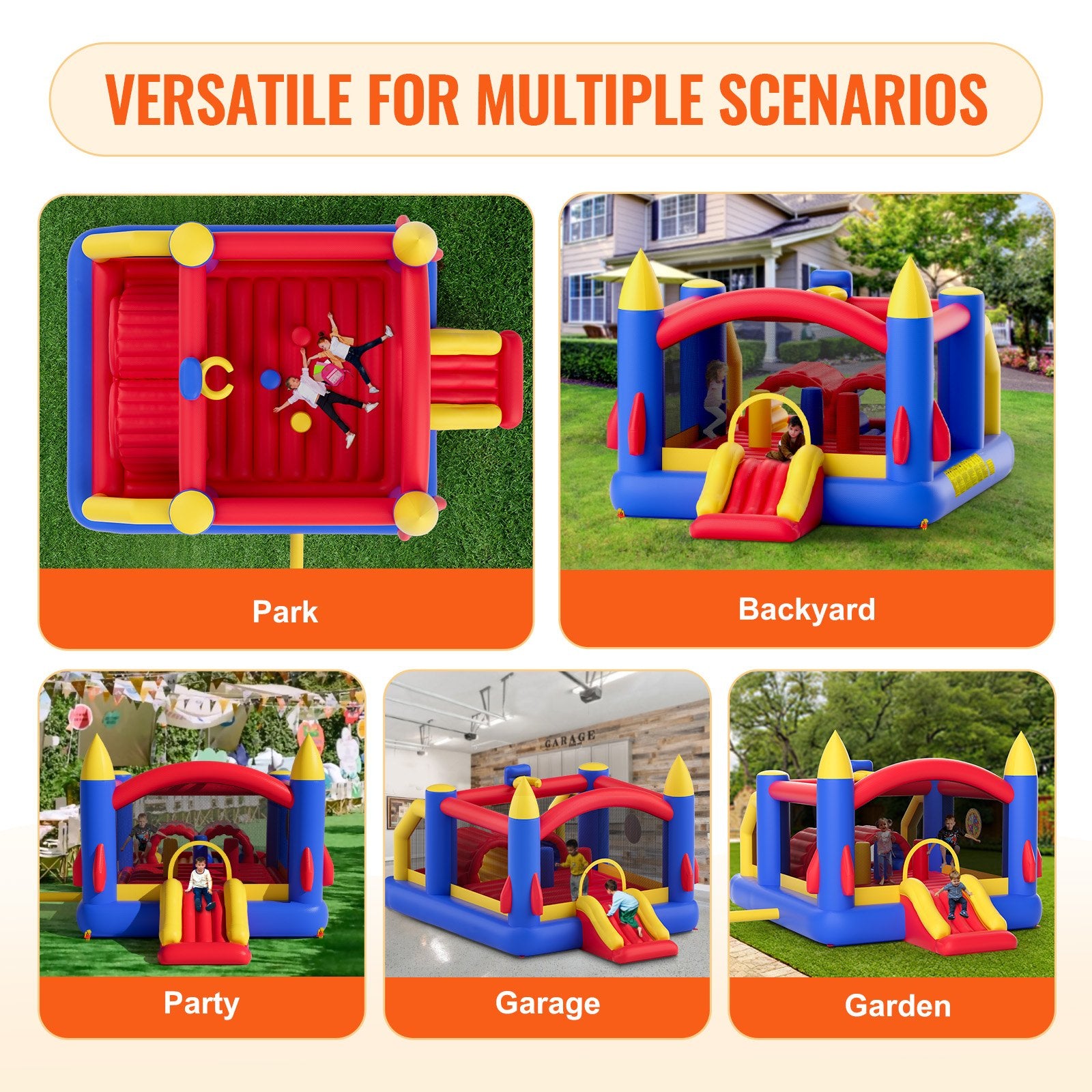 VEVOR Inflatable Bounce House, Outdoor High Quality Playhouse Trampoline, Jumping Bouncer with Blower, Slide, and Storage Bag, Family Backyard Bouncy Castle, for Kid Ages 3_8 Years, 4.0x2.4x2.4m